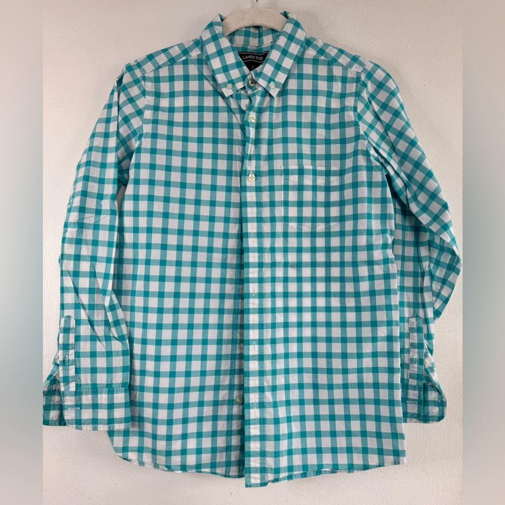 Lands' End Boys Plaid Button Down Shirt (Size L)